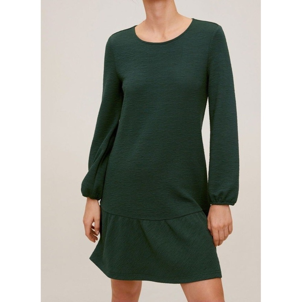 Mango Shift Dress Women Size 8 Dark Green‎ Long Sleeve Ruffle Hem MNG Jewel Tone